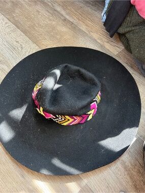 Missoni Black Wide-Brim Wool Hat with Pink & Yellow Chevron Band